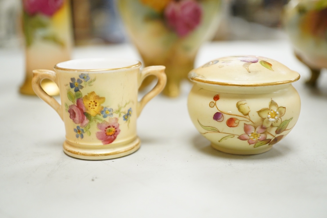 A group of Royal Worcester flower painted porcelain to include a pair vases signed M Hunt and a potpourri, largest 11cm high